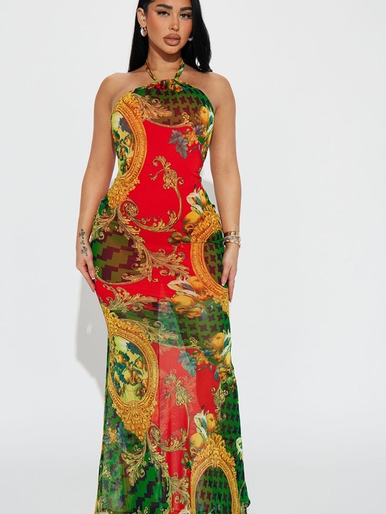 Fashion Nova Dresses & Skirts - Fiona Mesh Halter Neck Red & Green Baroque Print Maxi Dress